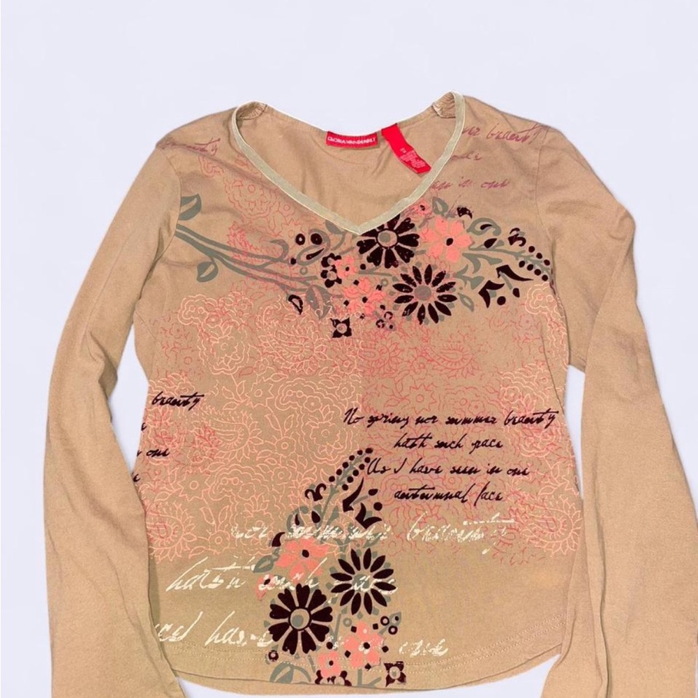 Gloria Vanderbilt Tan Graphic Fitted Long Sleeve Blouse